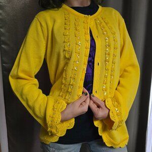 Storybook Knits Cardigan Sweater Size S VTG Yellow Floral Sequin Teacher Cottage